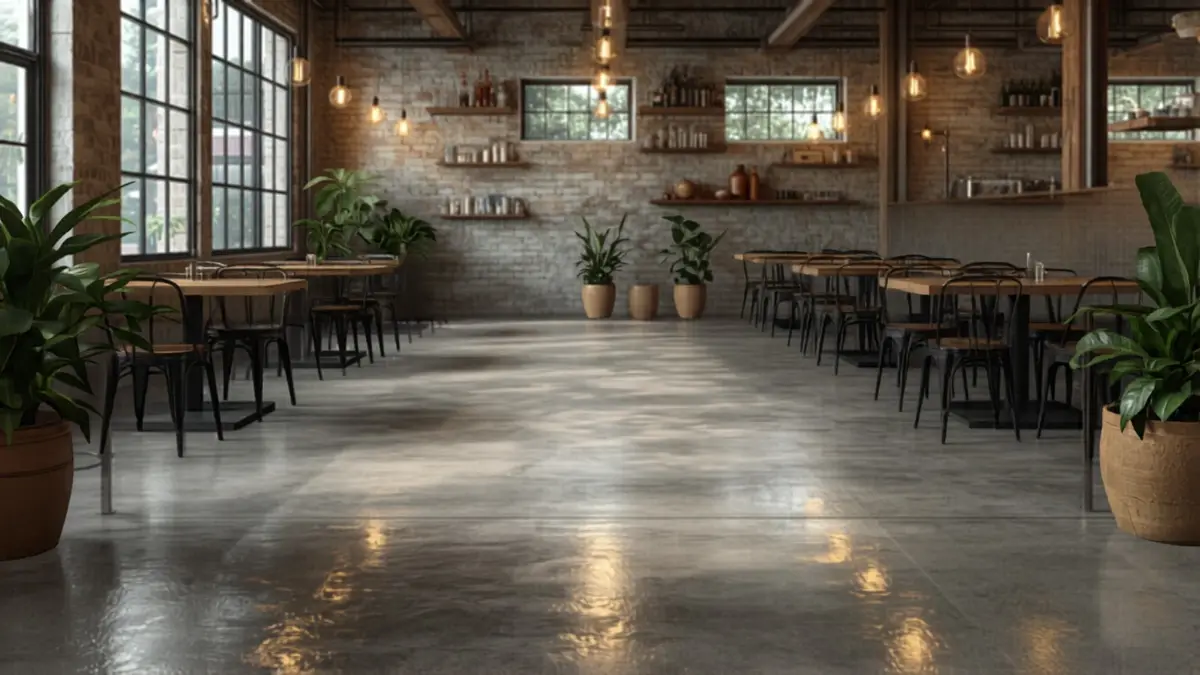 Lantai epoxy concrete look di interior kafe
