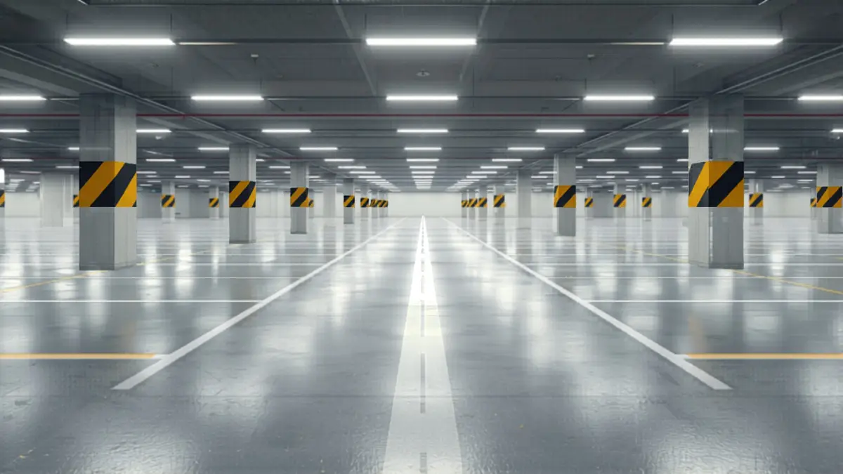 Lantai epoxy area parkir dengan marking line