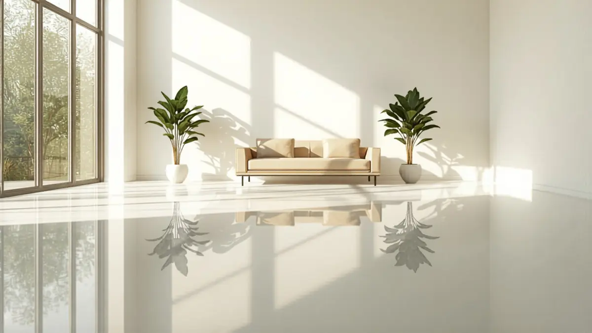 Lantai epoxy glossy putih di interior rumah